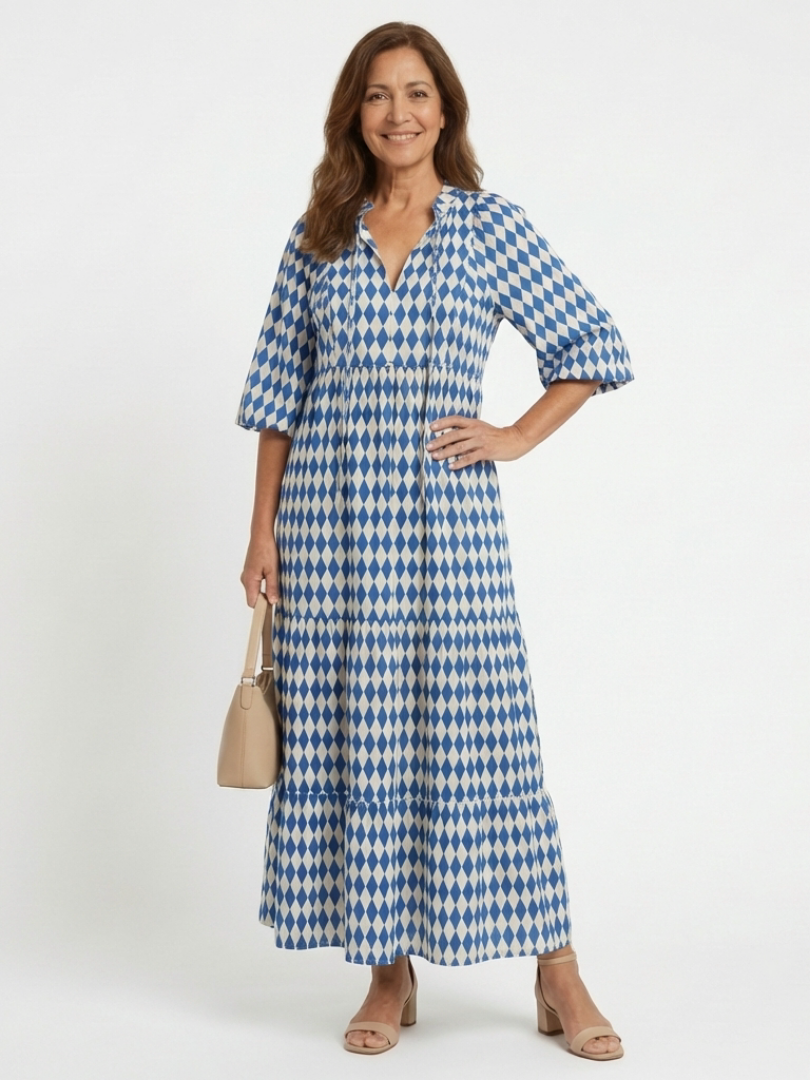 Sky blue diamond print tiered midi dress with V-neck and half sleeves