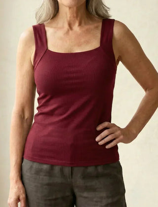 Roxy built-in comfort bra tank top in burgundy, square neck, thin straps