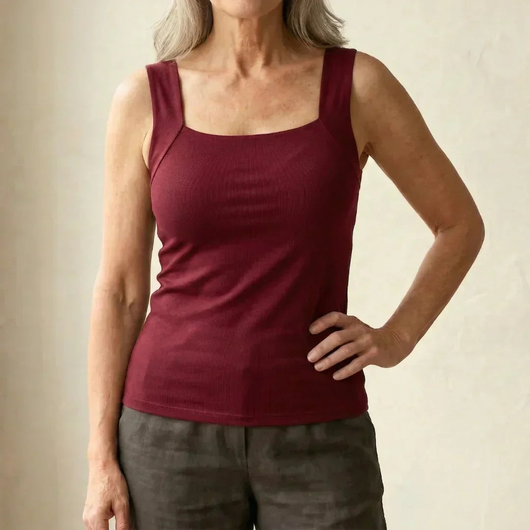 Roxy built-in comfort bra tank top in burgundy, square neck, thin straps