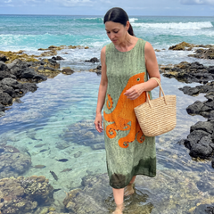 Sleeveless midi dress, olive green with orange octopus wave front panel, loose fit