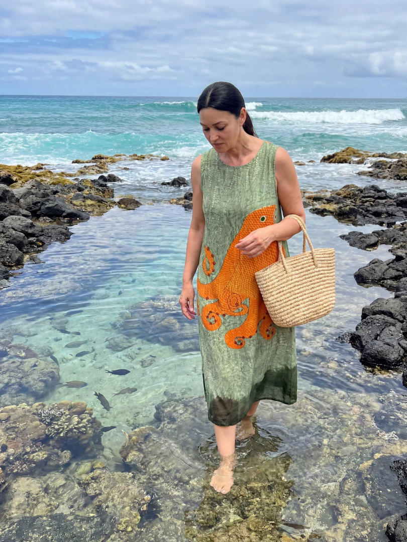Sleeveless midi dress, olive green with orange octopus wave front panel, loose fit