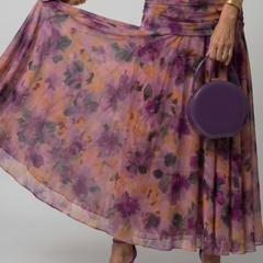 Purple floral off-shoulder flow midi dress, sheer tiered skirt hem detail