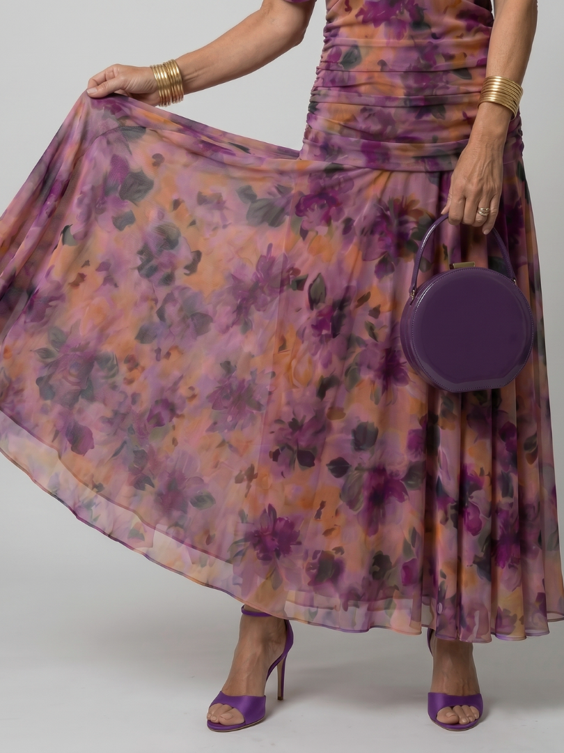 Purple floral off-shoulder flow midi dress, sheer tiered skirt hem detail