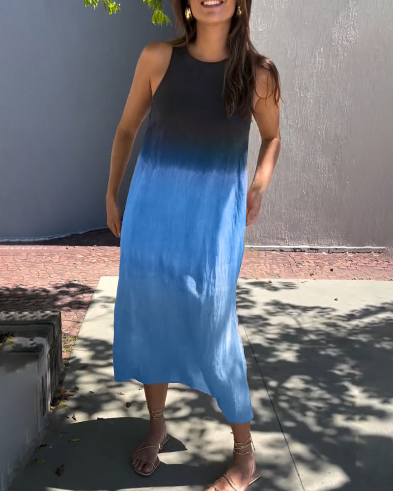 Bright blue ombre sleeveless midi dress with round neckline and soft drape
