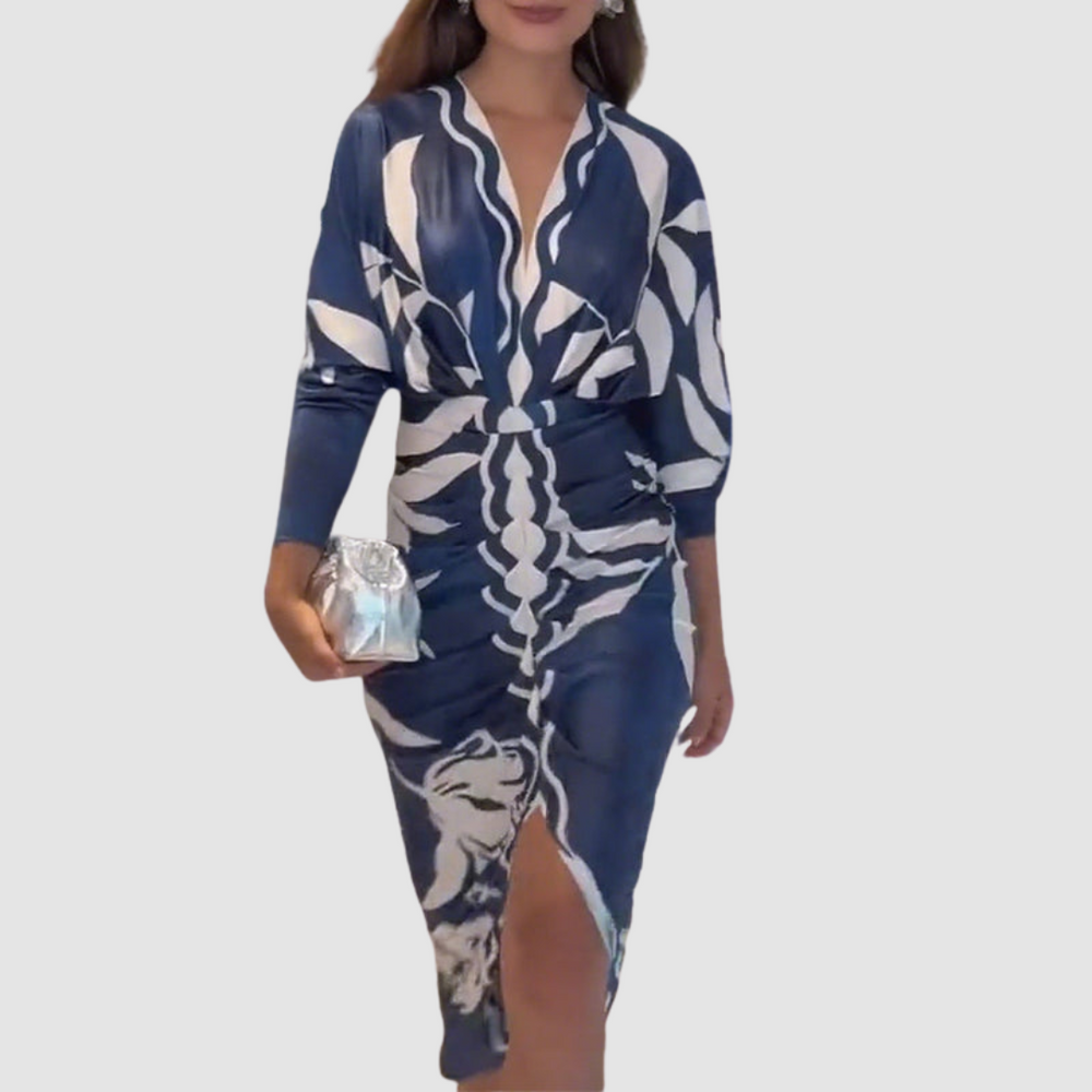 Navy wrap-style V-neck midi dress, cream floral print, tie belt and side slit
