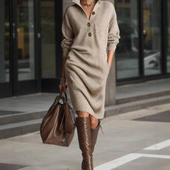 Warm knit button-front dress, khaki/beige, long sleeves, collared neckline