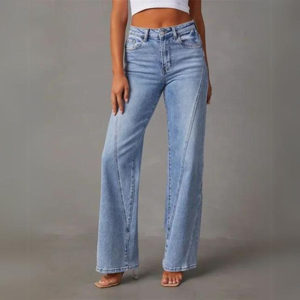 Light blue denim flared jeans with straight waistband, belt loops, and back pockets