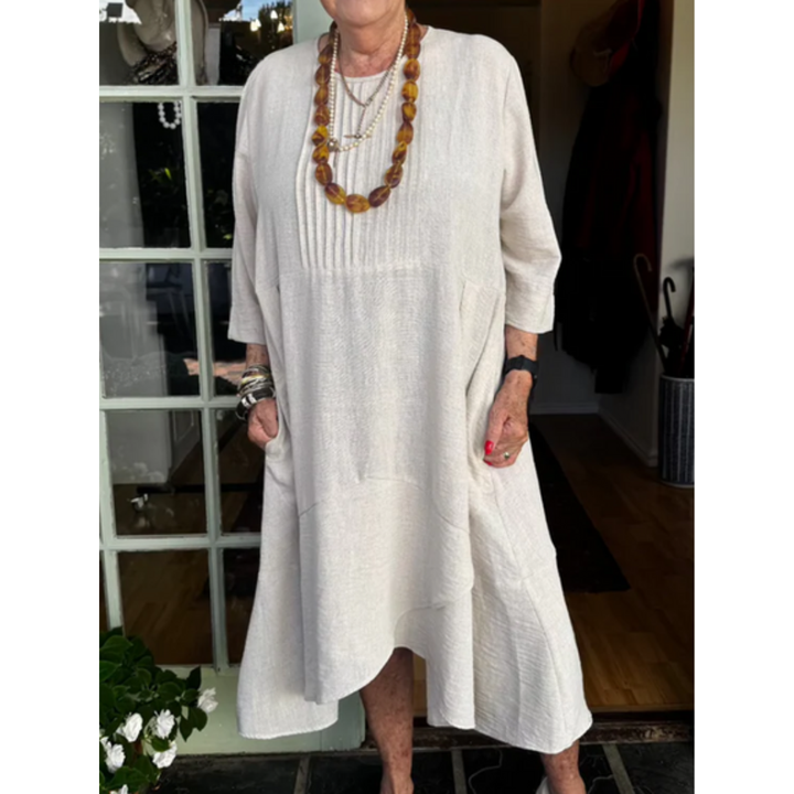 Cream pleated irregular-hem midi dress with three-quarter sleeves and scoop neckline