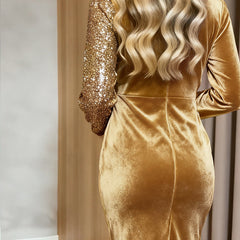 Gold velvet sequin mini dress with long sleeves and ruched waist