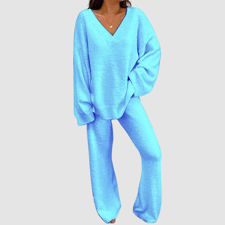Blue V-neck long-sleeve sweater and wide-leg pants set