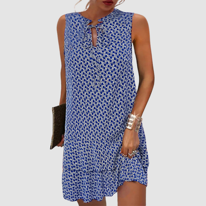 Soft breathable sleeveless dress, blue geometric chain print, keyhole neckline
