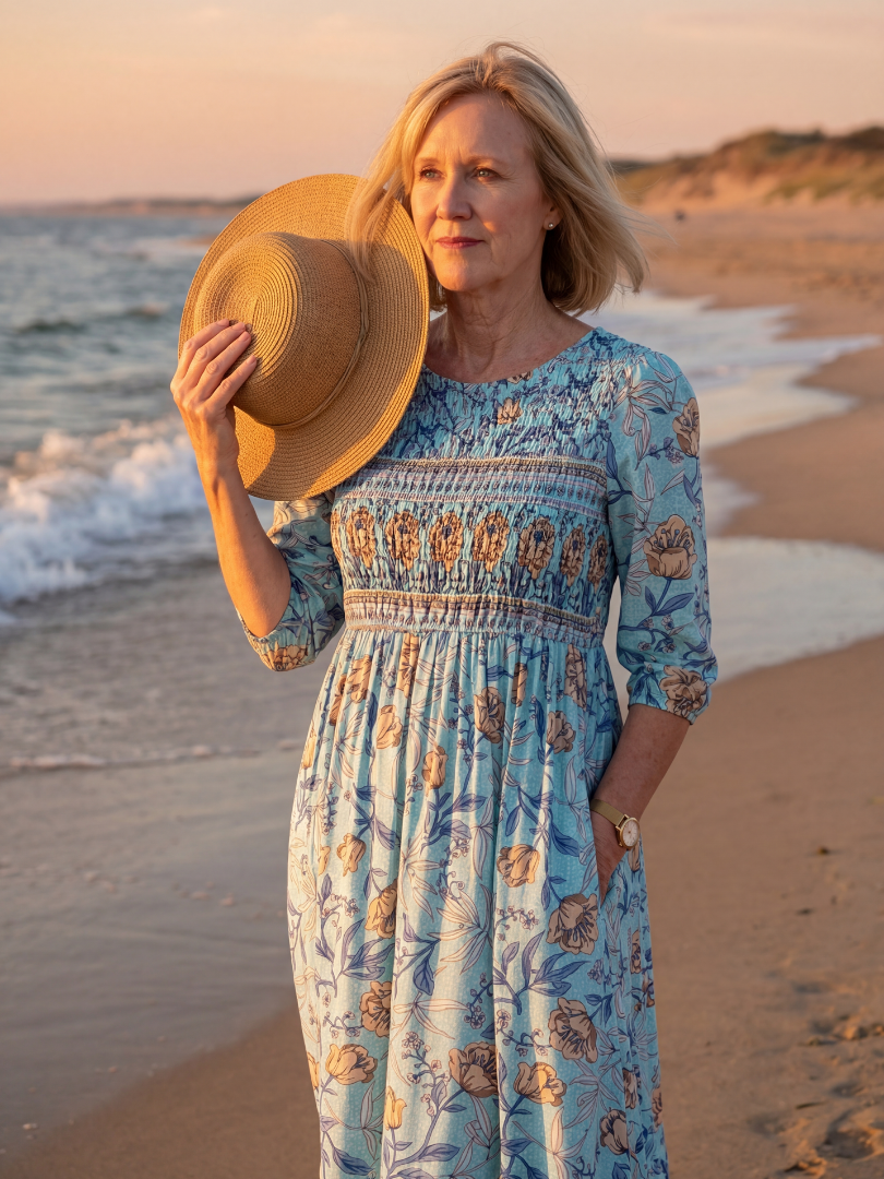 Sky blue floral midi dress with gathered waist, three-quarter sleeves; straw hat in hand