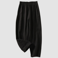 Black linen wide-leg pants with elastic waistband, ankle-length