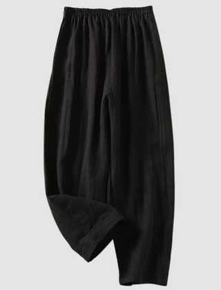 Black linen wide-leg pants with elastic waistband, ankle-length
