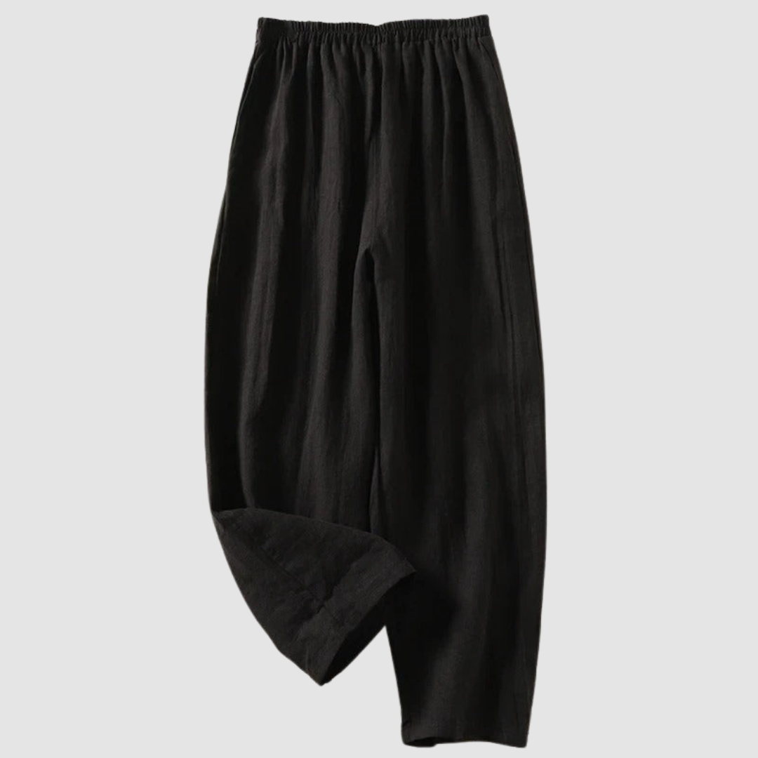 Black linen wide-leg pants with elastic waistband, ankle-length