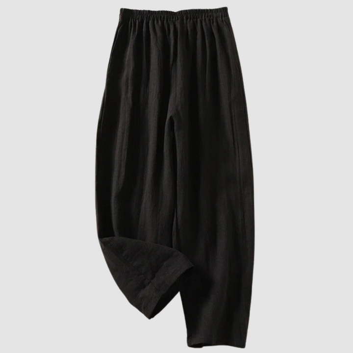 Black linen wide-leg pants with elastic waistband, ankle-length