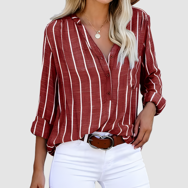 Red striped button-up blouse with V-neck collar and three-quarter sleeves
