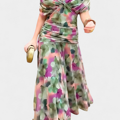 Long multicolor floral midi dress with off-shoulder V-neck and pleated skirt