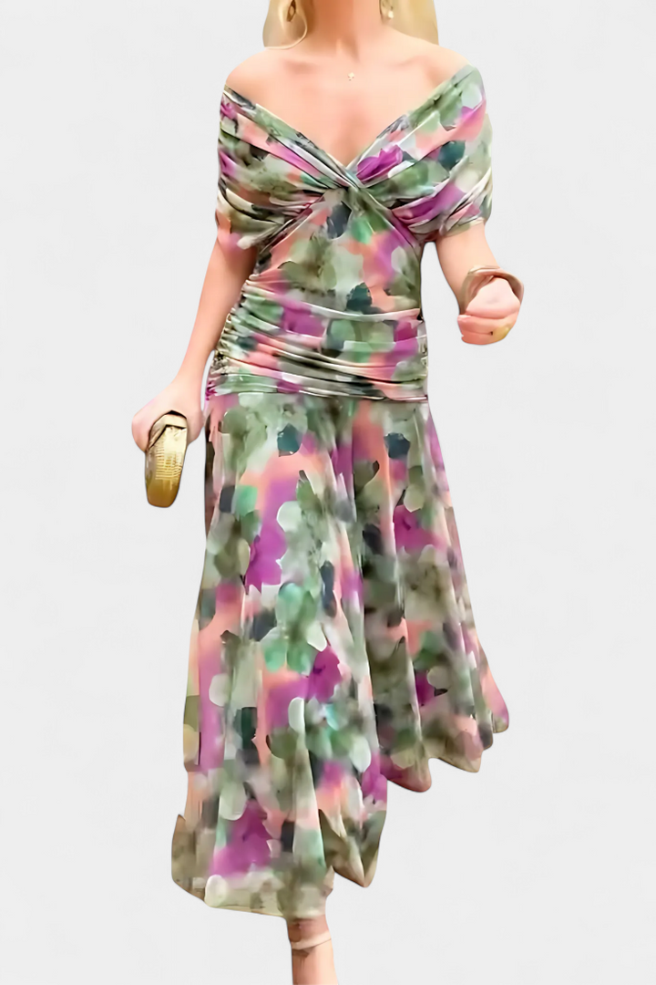 Long multicolor floral midi dress with off-shoulder V-neck and pleated skirt