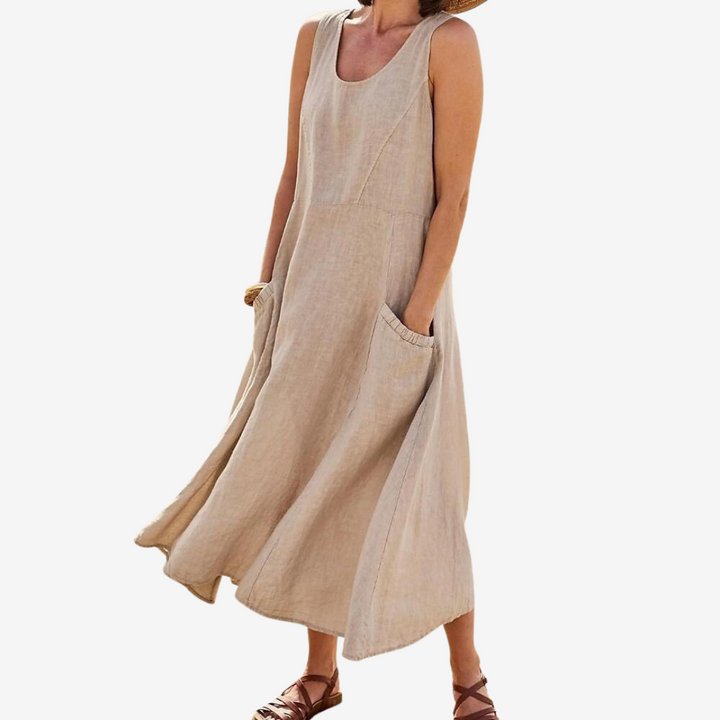 Sleeveless midi casual dress in beige with scoop neck and side pocket