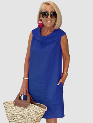 Royal blue sleeveless cowl-neck casual dress, knee-length