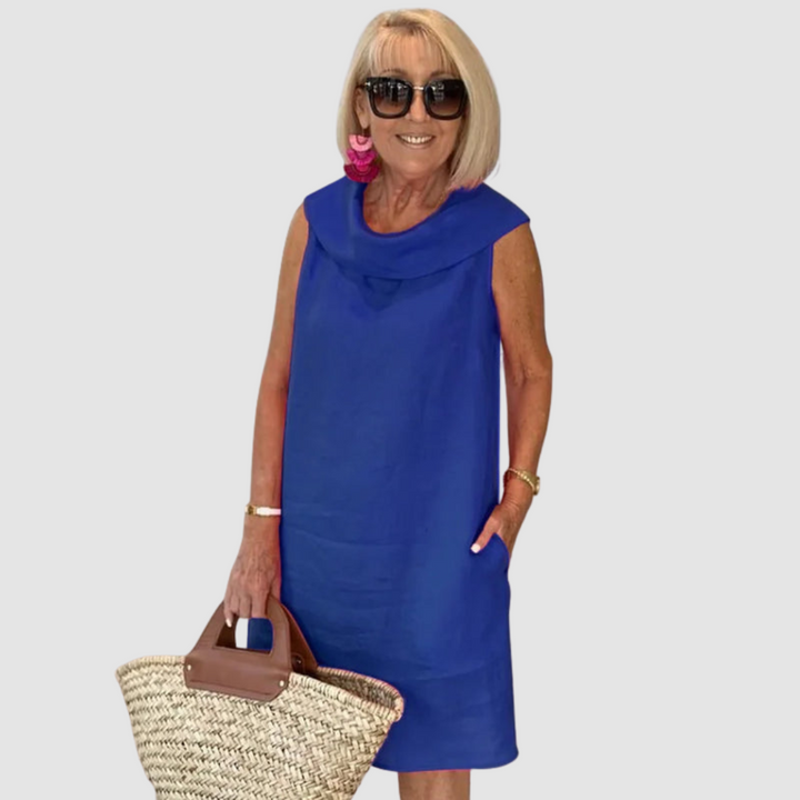 Royal blue sleeveless cowl-neck casual dress, knee-length