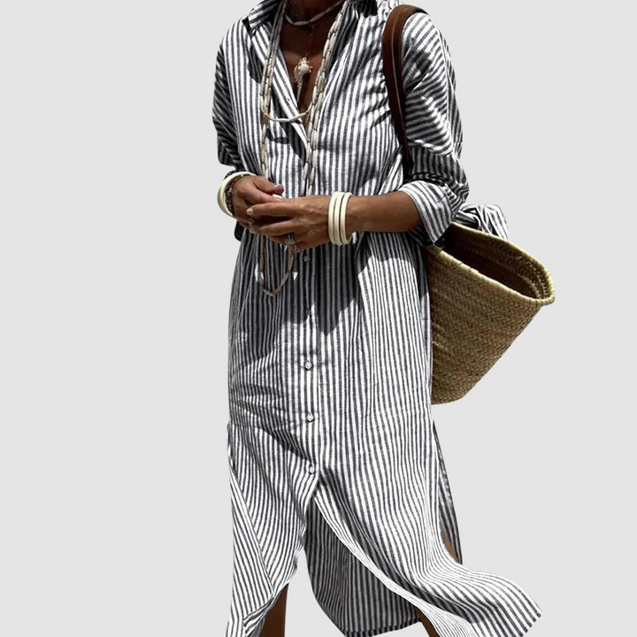 Striped summer shirt dress, black and white vertical stripes with button front