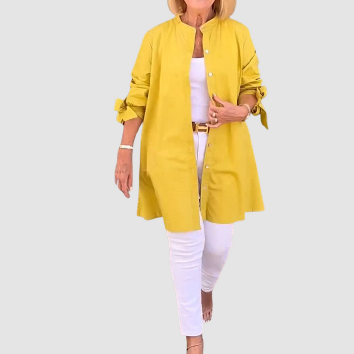 Yellow long-sleeve button-up shirt with standing collar and side slits