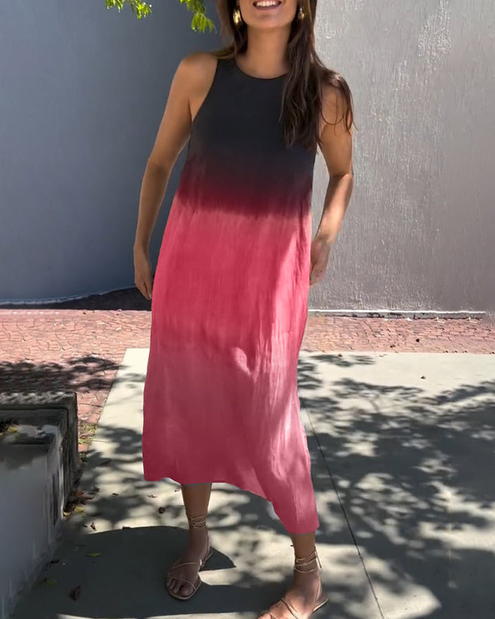 Deep red ombre sleeveless midi dress with round neckline and flowing hem