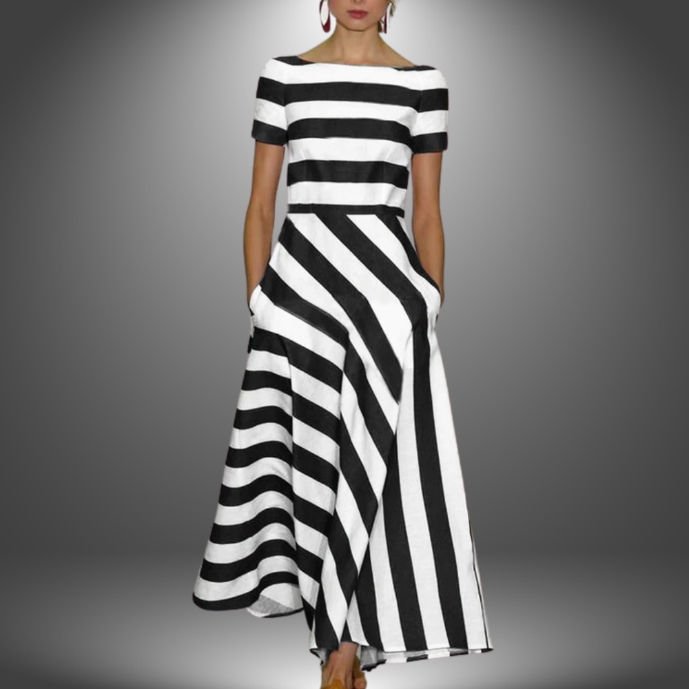 Black and white striped long maxi dress with short sleeves and fitted waist
