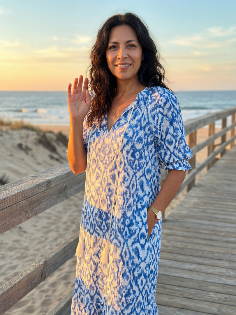 Blue patterned midi dress, V-neck short sleeves, full front standing pose