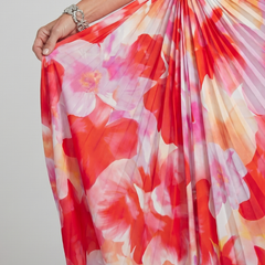 Pleated one-shoulder bodice midi dress, red and cream floral fabric close-up