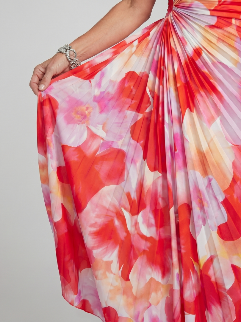 Pleated one-shoulder bodice midi dress, red and cream floral fabric close-up