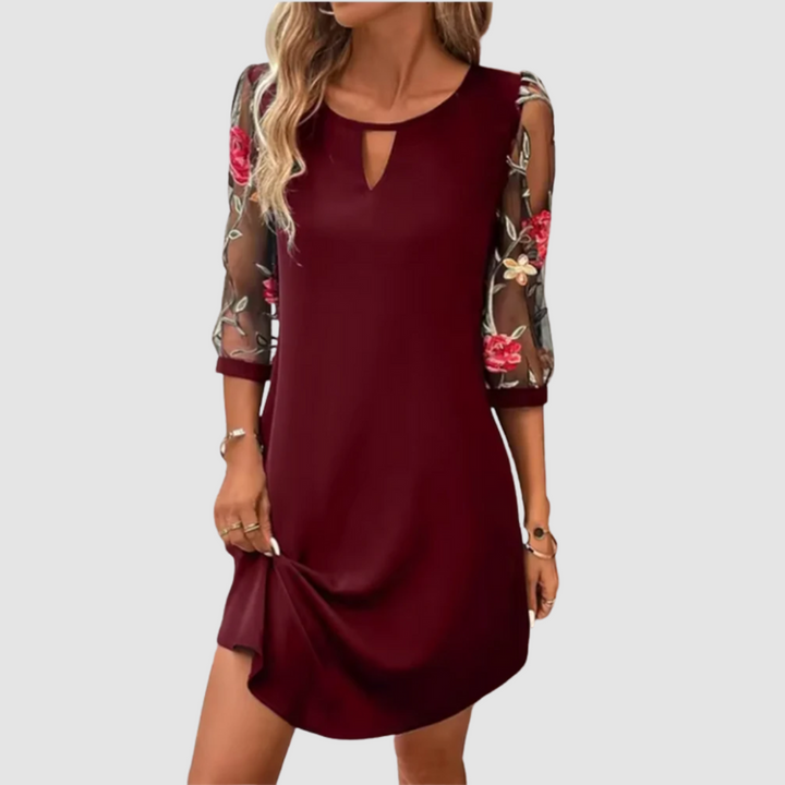 Red floral print summer dress with three-quarter sleeves and keyhole neck cutout