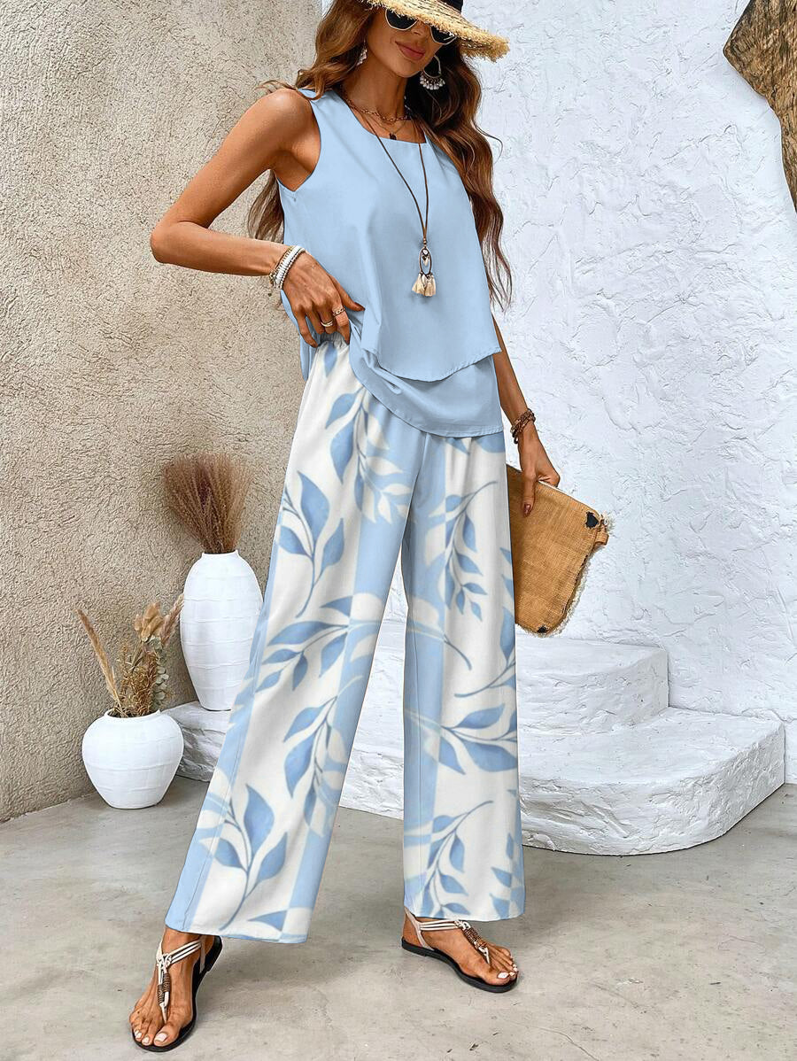 Light blue leaf-print sleeveless layered top with matching wide-leg pants