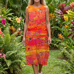 Multicolor sleeveless midi dress with round neckline and painted blocks