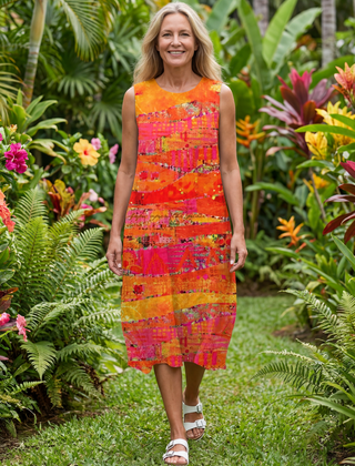Multicolor sleeveless midi dress with round neckline and painted blocks