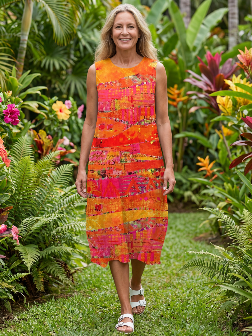 Multicolor sleeveless midi dress with round neckline and painted blocks
