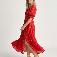 Red floral square-neck midi dress with puff sleeves and side slit, flowing A-line skirt