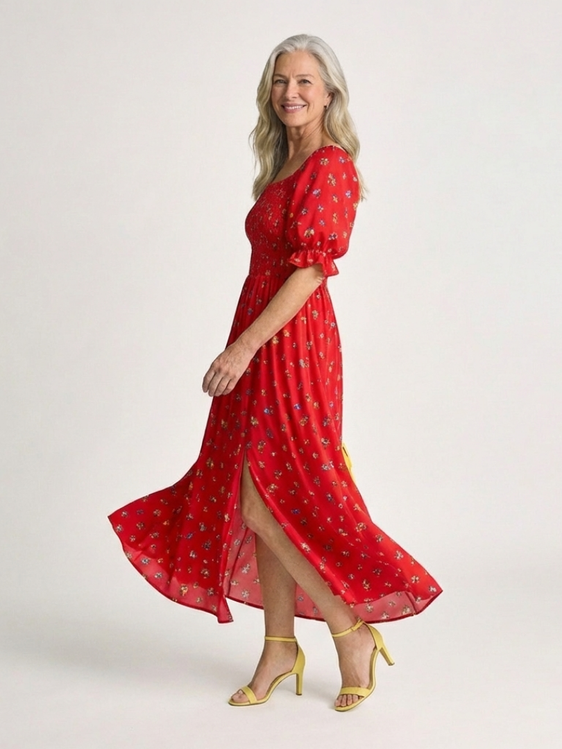 Red floral square-neck midi dress with puff sleeves and side slit, flowing A-line skirt