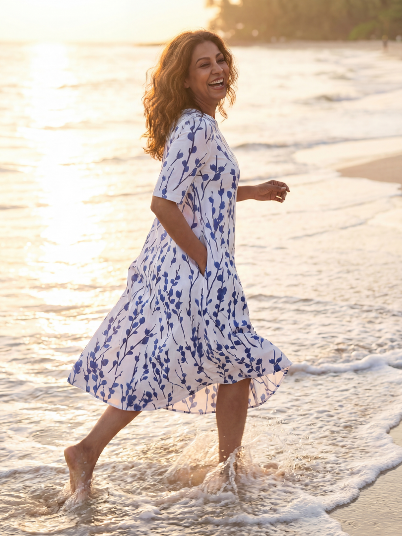 White floral midi dress, side view with short sleeves and flowing skirt