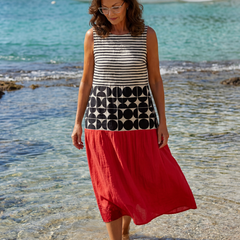 Mabel Coast sleeveless midi dress with striped bodice, circle print yoke, red skirt
