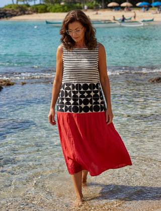 Mabel Coast sleeveless midi dress with striped bodice, circle print yoke, red skirt