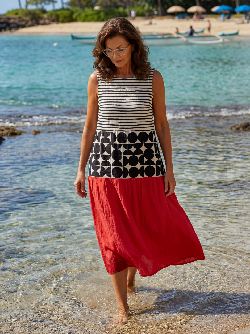 Mabel Coast sleeveless midi dress with striped bodice, circle print yoke, red skirt