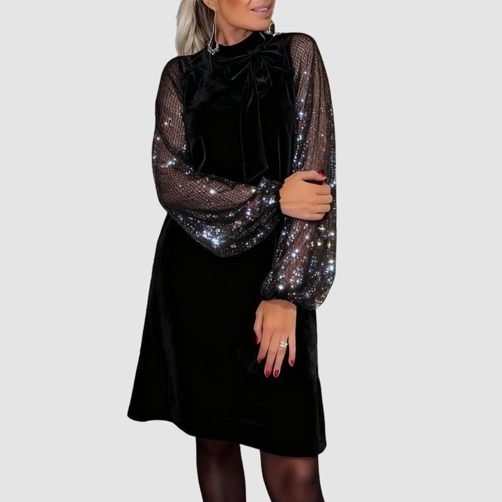 Black velvet suede midi dress with bow collar, sequined mesh long sleeves