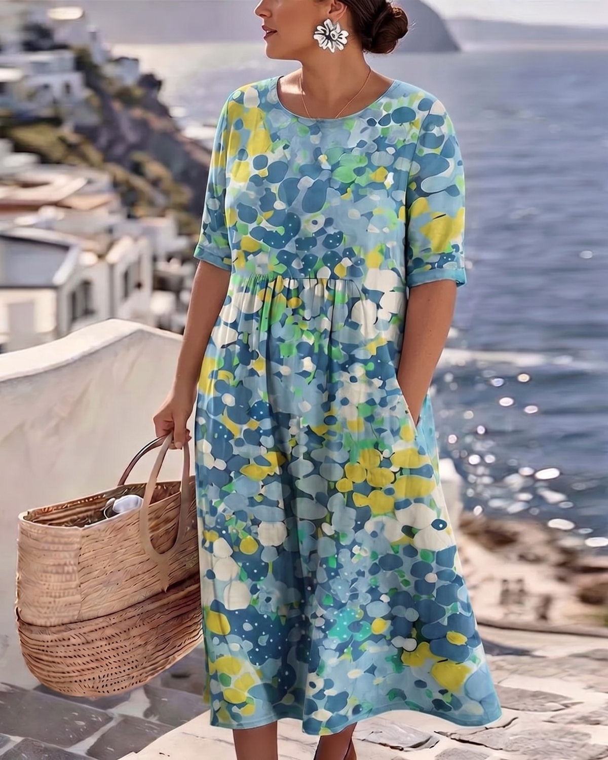 Blue floral midi dress with short sleeves and round neckline, gathered skirt