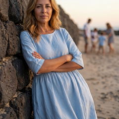 Light blue midi dress with round neck and three-quarter sleeves, gathered skirt