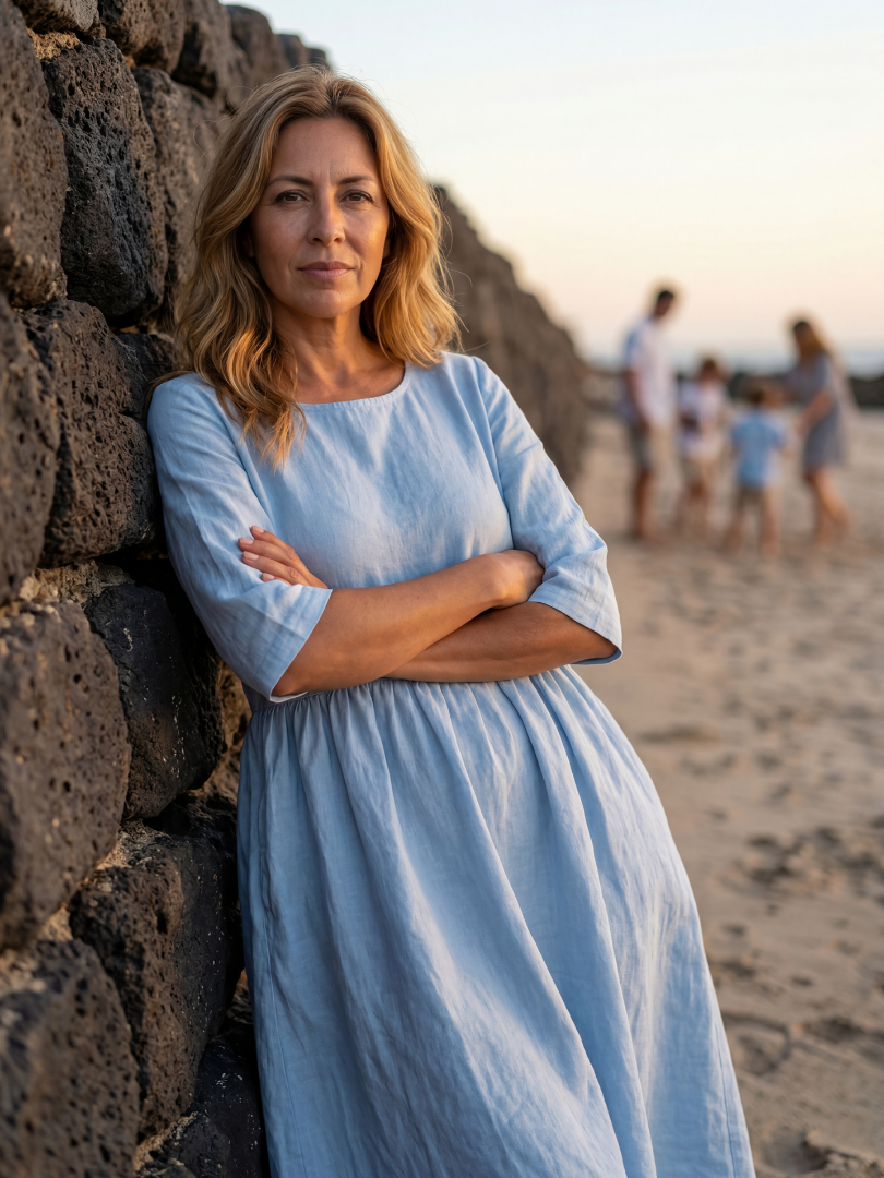 Light blue midi dress with round neck and three-quarter sleeves, gathered skirt
