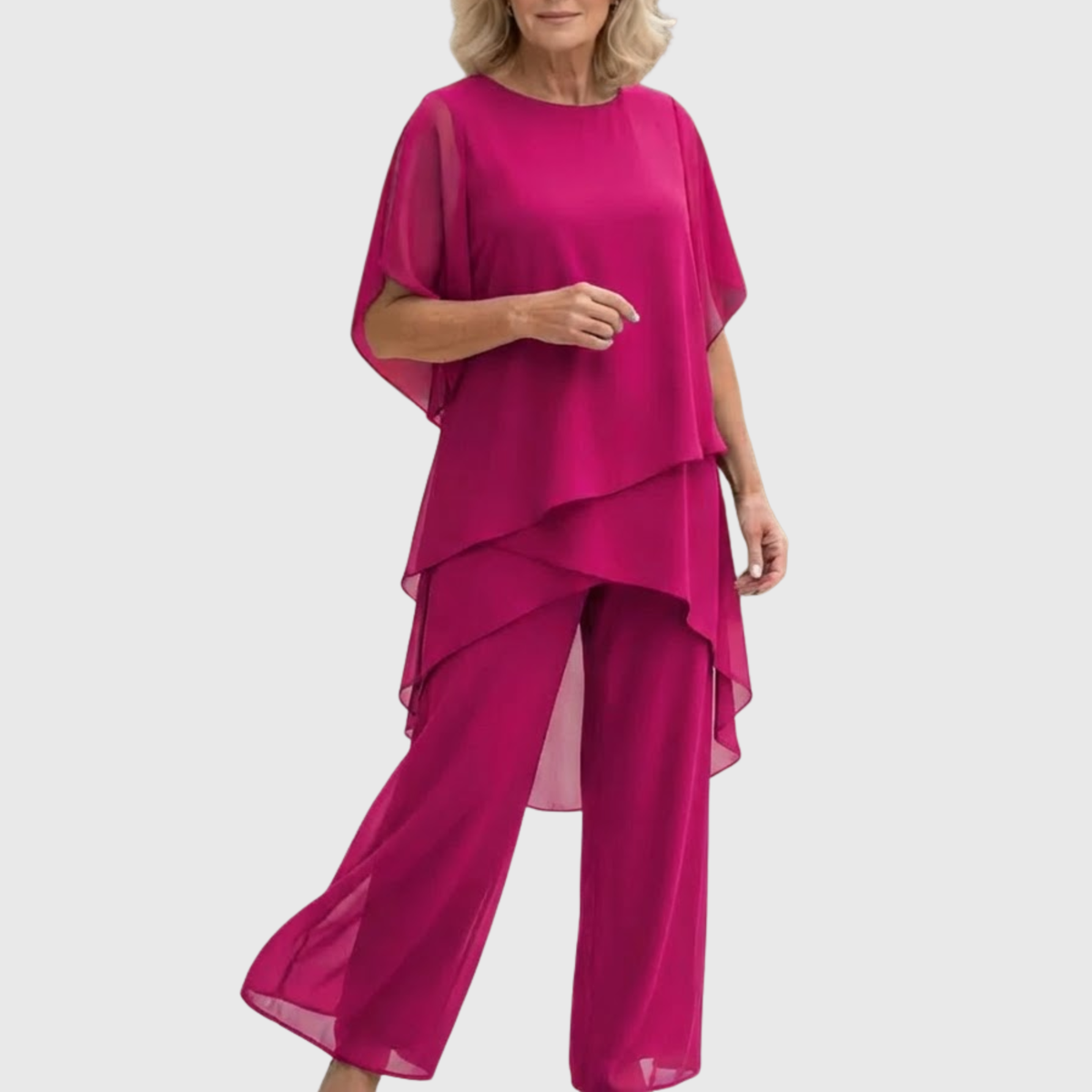 Fuchsia palazzo set with layered top and flowing wide-leg pants