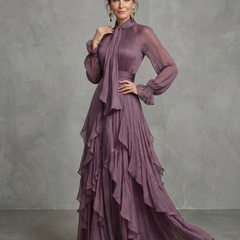 Purple tie-neck tiered maxi dress with ruffled skirt and gathered waist, sheer sleeves